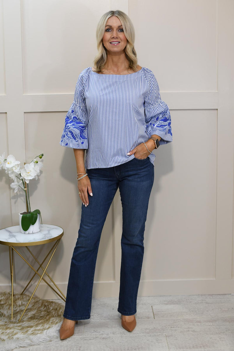 Dolcezza Blue Pinstripe Off-Shoulder Blouse With Floral Bell Sleeves-25155