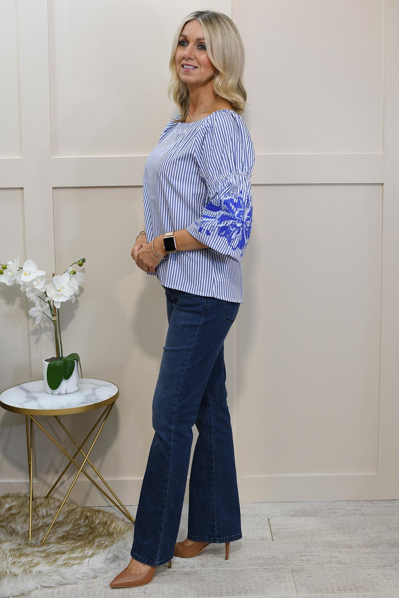 Dolcezza Blue Pinstripe Off-Shoulder Blouse With Floral Bell Sleeves-25155