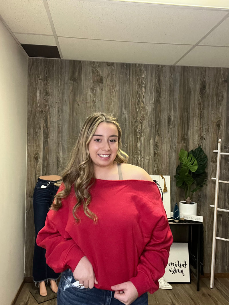 FRENCH TERRY FLEECE OFF SHOULDER TOP