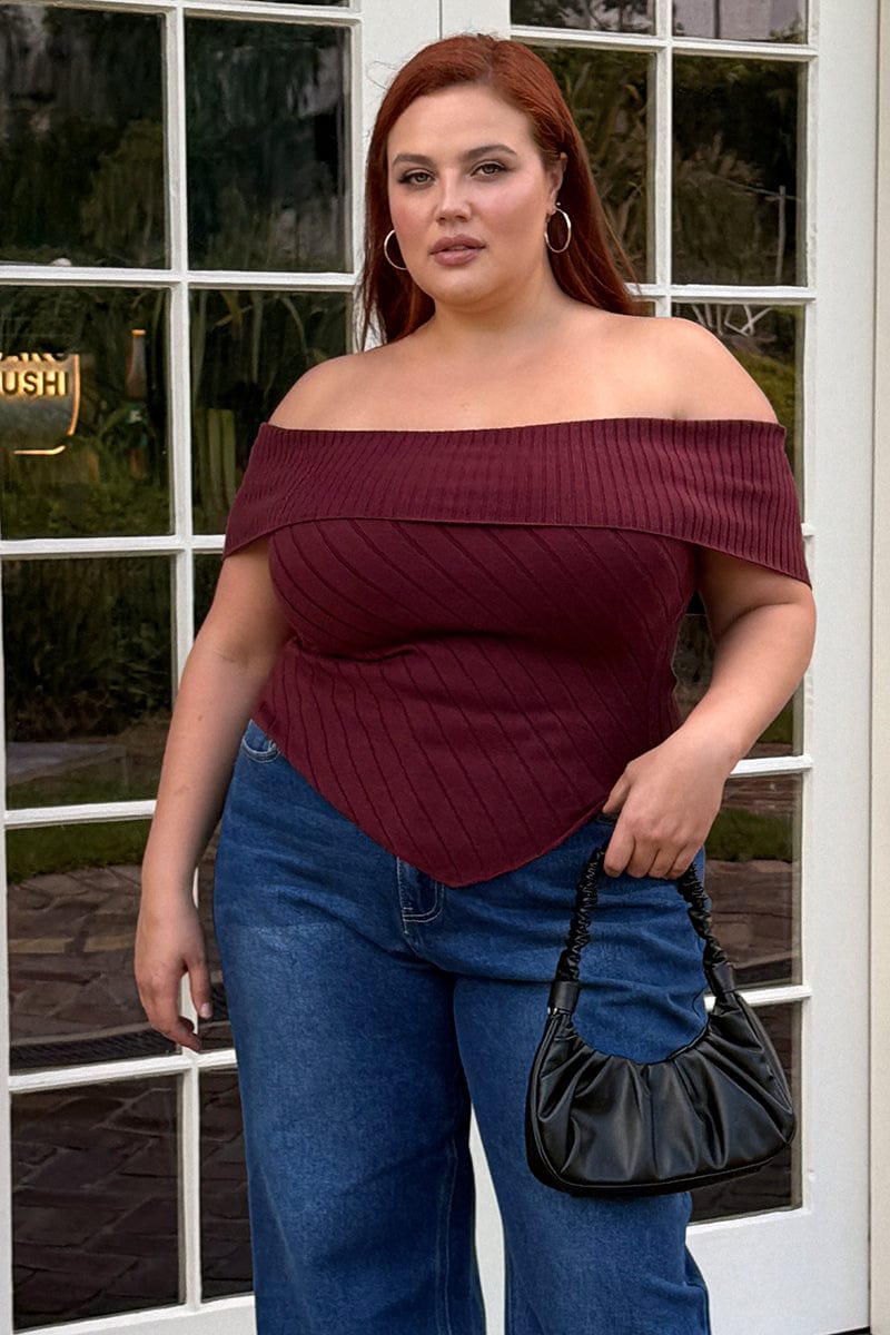 Red Knit Top Off Shoulder Short Sleeve