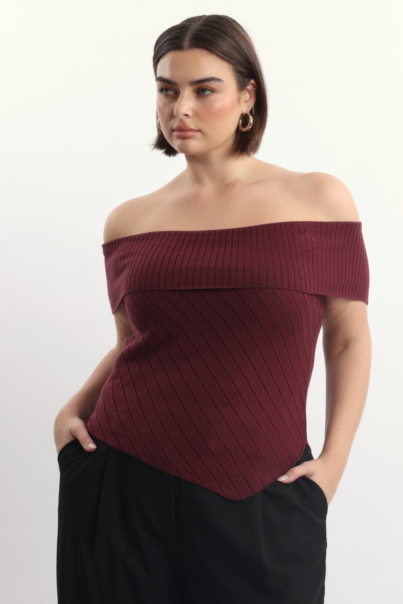 Red Knit Top Off Shoulder Short Sleeve