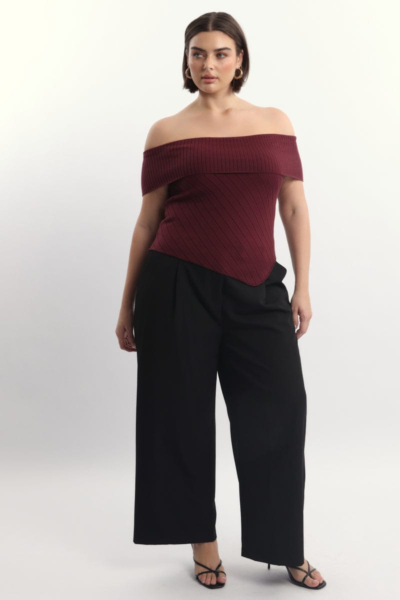 Red Knit Top Off Shoulder Short Sleeve