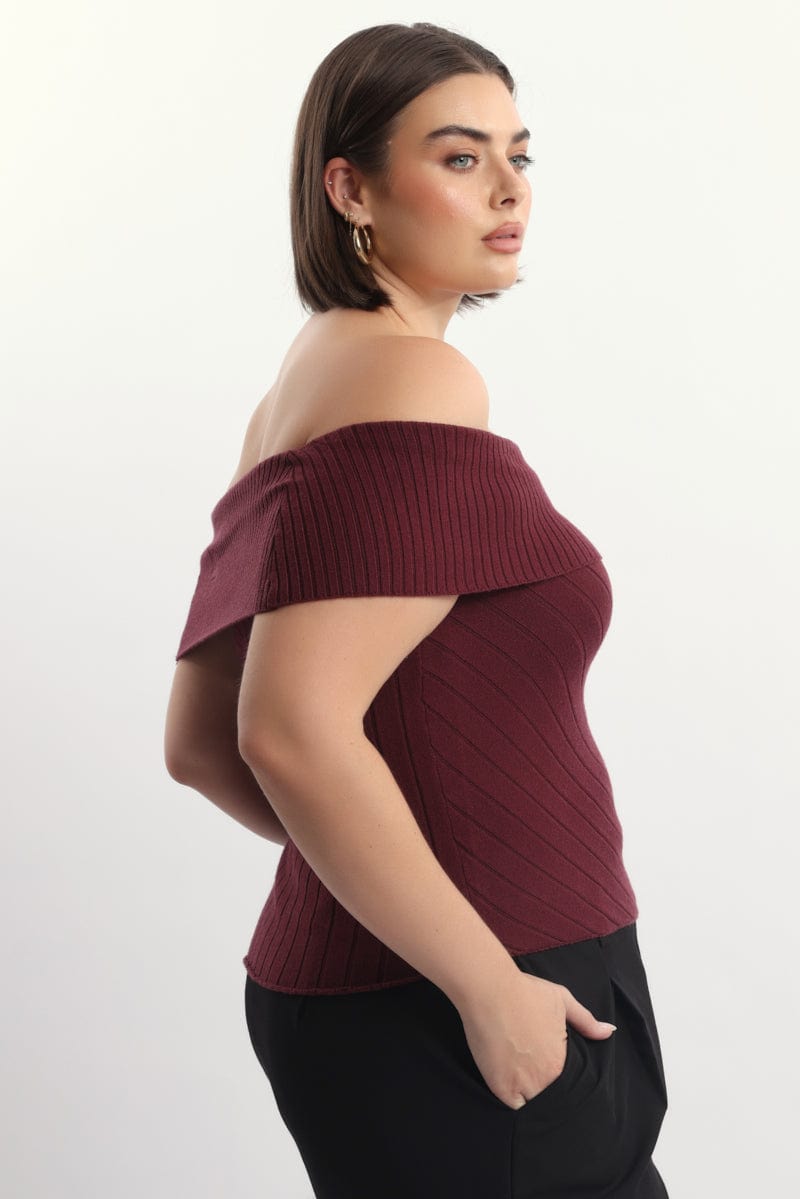 Red Knit Top Off Shoulder Short Sleeve