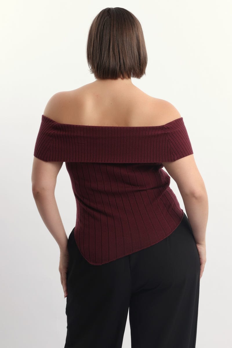 Red Knit Top Off Shoulder Short Sleeve
