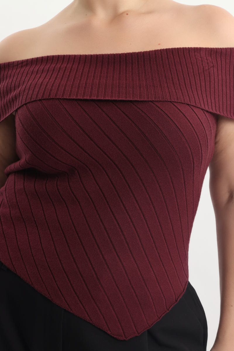 Red Knit Top Off Shoulder Short Sleeve