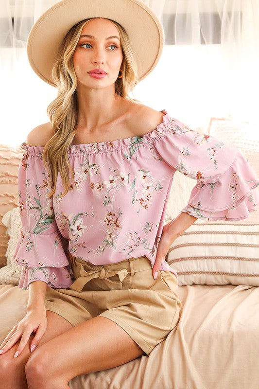 5040-Off-Shoulder Tiered Ruffle Detail Floral Printed Top-BLUSH