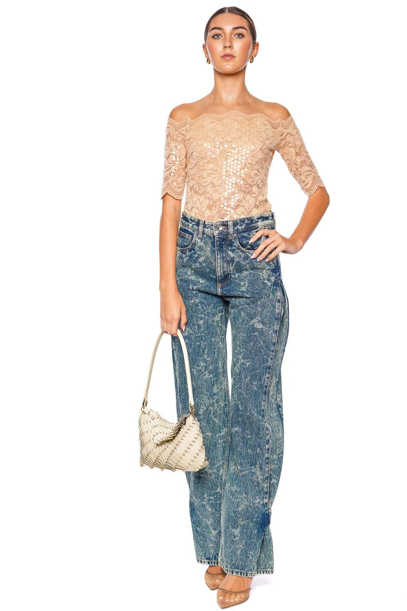 Sequin Embroidered Lace Off Shoulder Top
