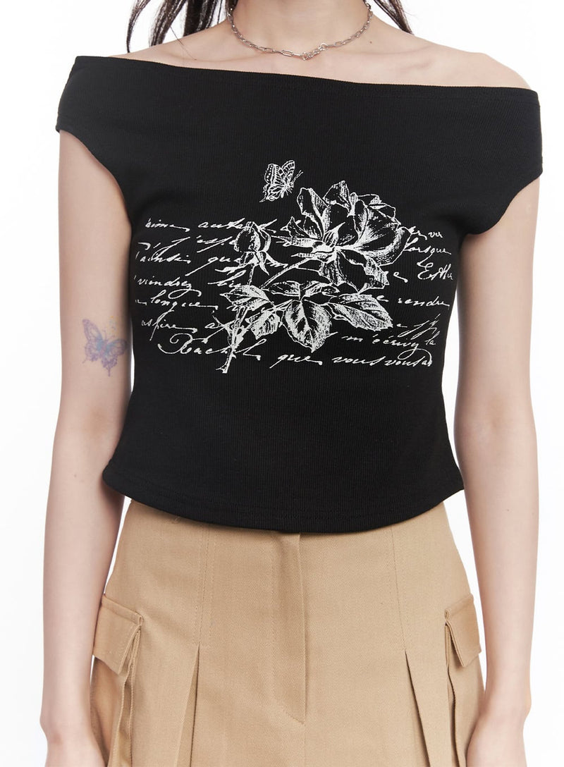 Graphic Print Off-Shoulder Crop Top CY520
