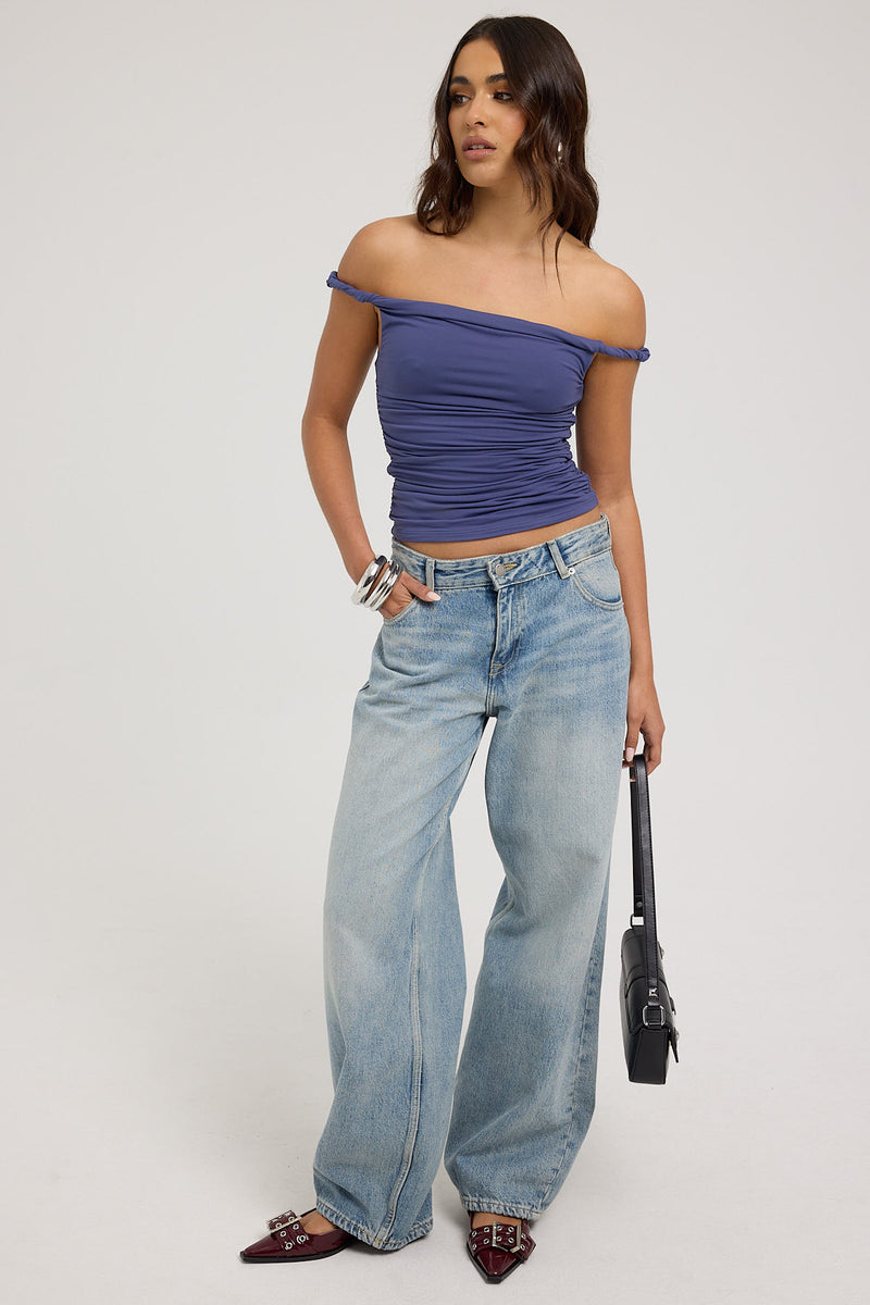 Luck & Trouble Sabina Twist Off Shoulder Top Charcoal