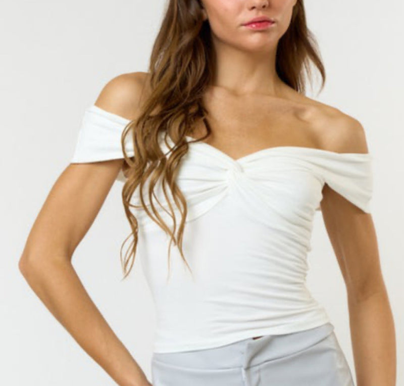 Fancy Twist Off Shoulder Top. sky blue- white
