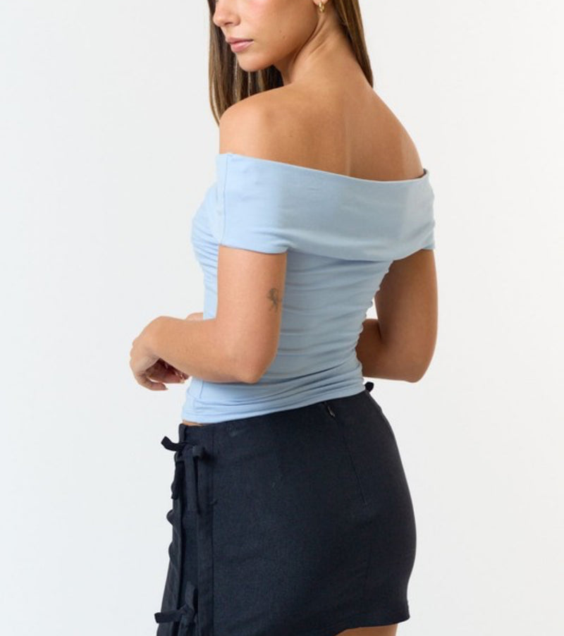 Fancy Twist Off Shoulder Top. sky blue- white