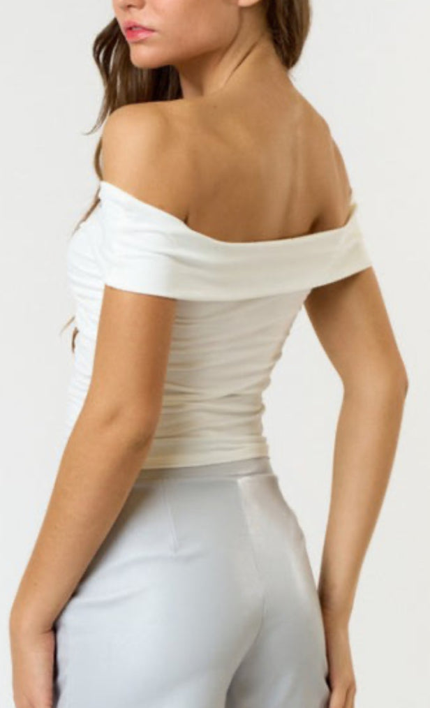 Fancy Twist Off Shoulder Top. sky blue- white