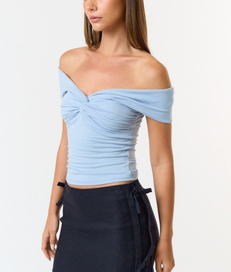 Fancy Twist Off Shoulder Top. sky blue- white