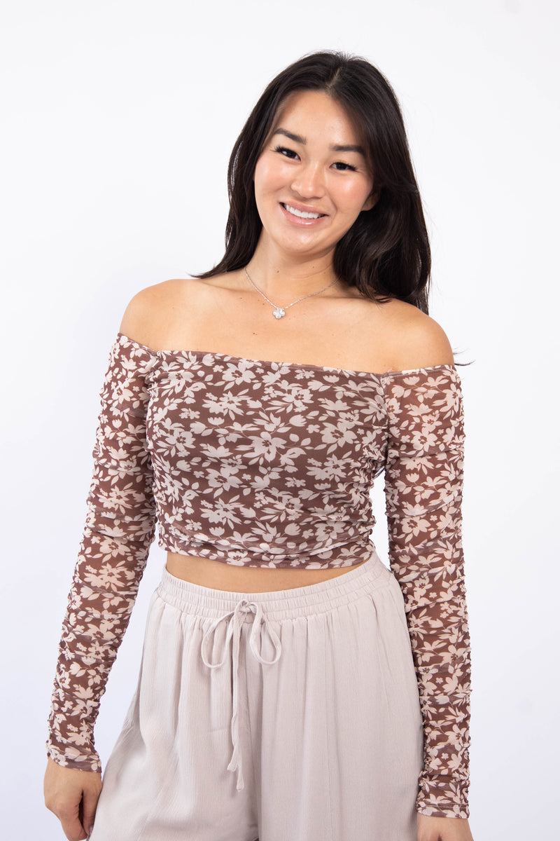 Brown/Cream Floral Off Shoulder Top
