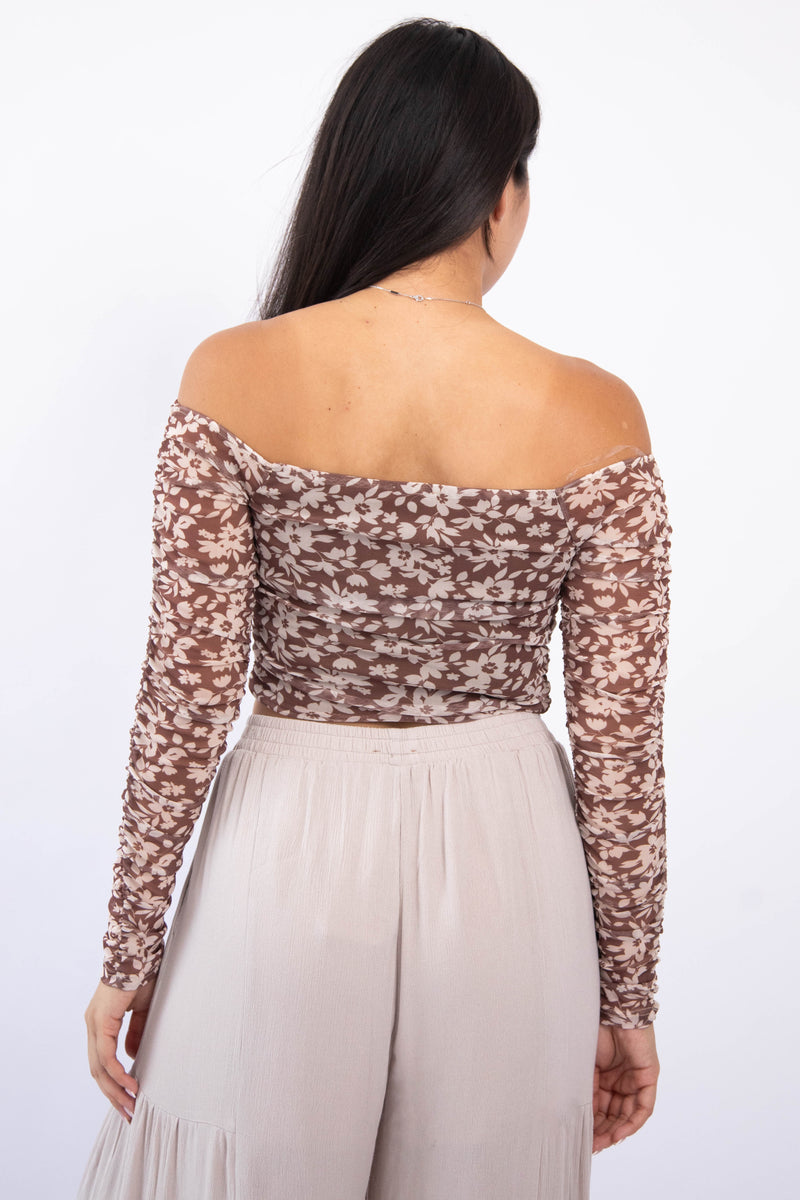 Brown/Cream Floral Off Shoulder Top