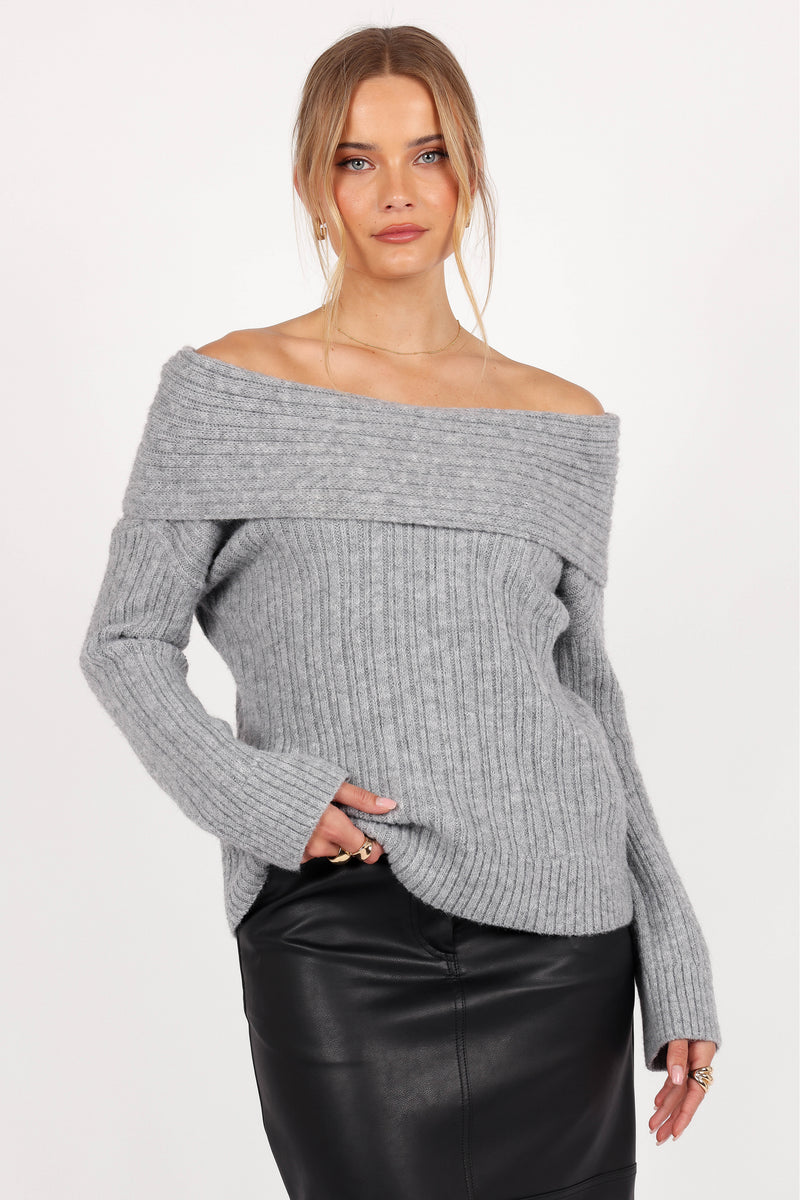 Kenny Off Shoulder Knit Sweater - Grey