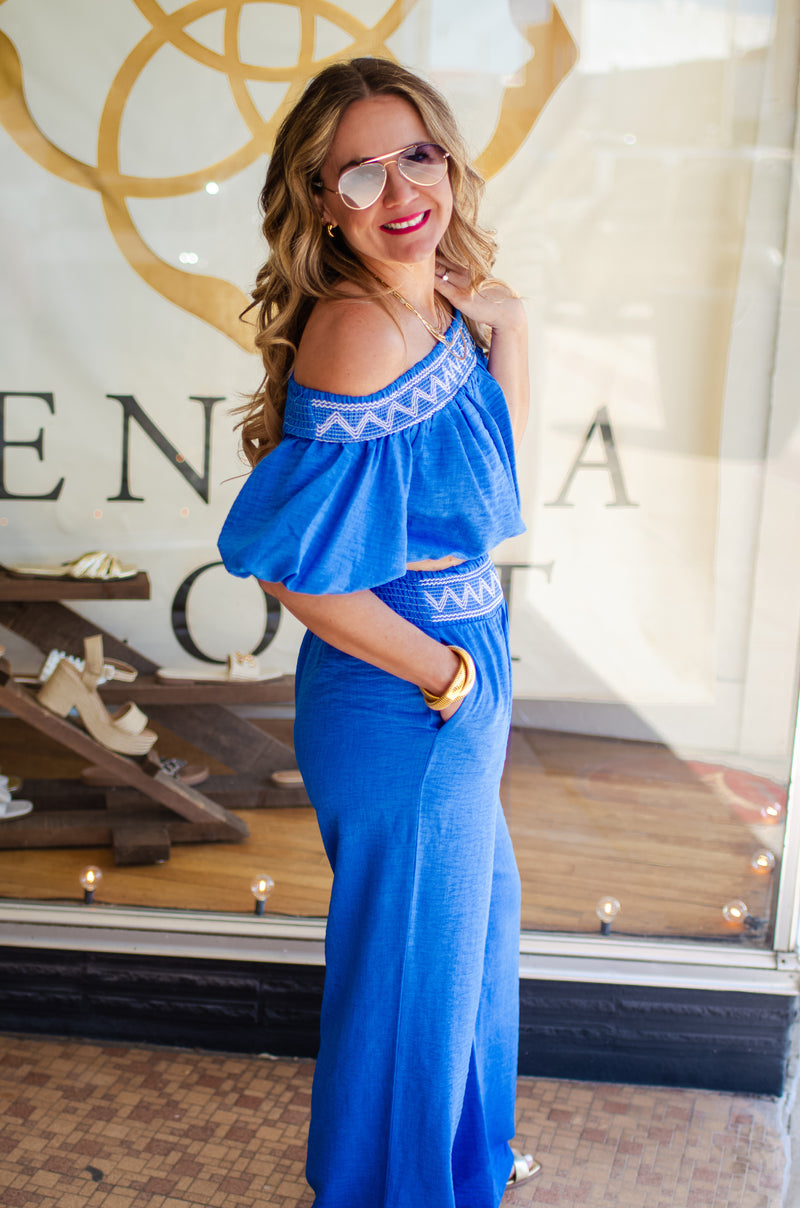 Burning Love Off The Shoulder Smocked Embroidered Top in Cobalt Blue