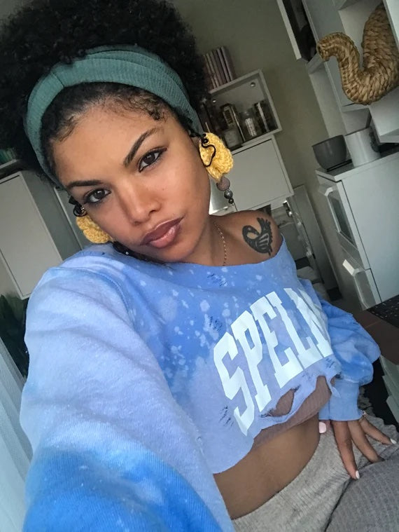 Handmade Spelman College Off Shoulder Super Crop Distressed Sweatshirt