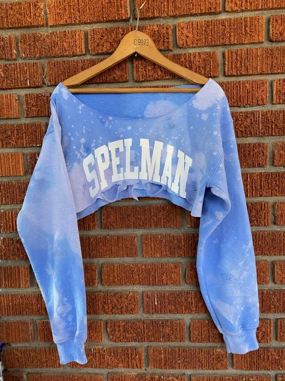 Handmade Spelman College Off Shoulder Super Crop Distressed Sweatshirt