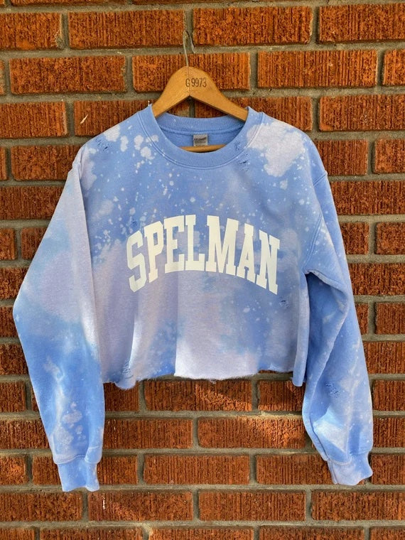 Handmade Spelman College Off Shoulder Super Crop Distressed Sweatshirt