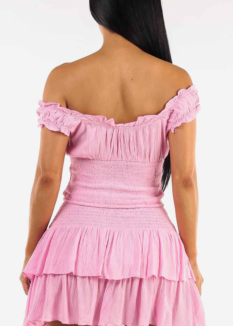 Off Shoulder Smocked Ruffled Crop Top Pink