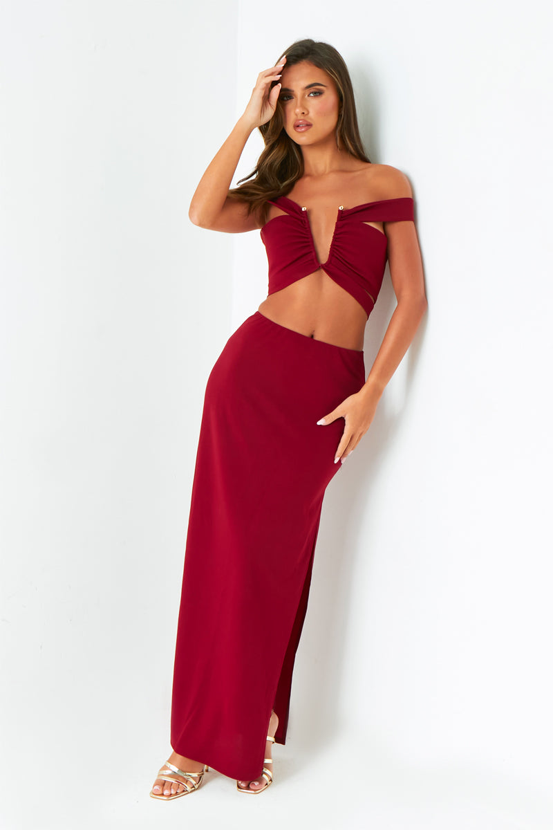 Gigi Wine Plunge Cut Out Top With Gold Trim