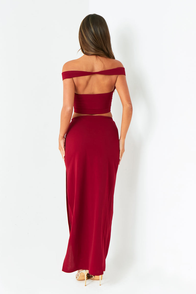 Gigi Wine Plunge Cut Out Top With Gold Trim