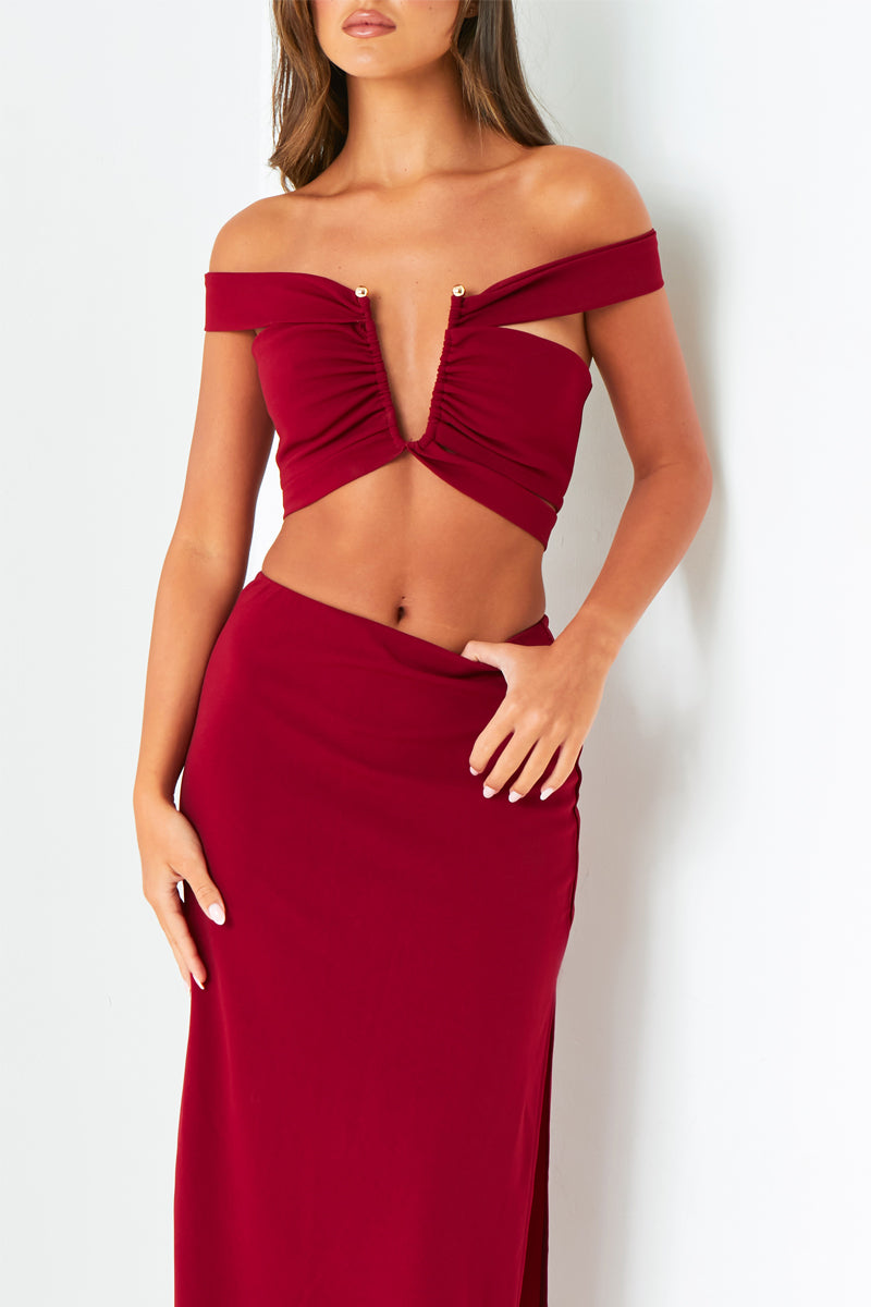 Gigi Wine Plunge Cut Out Top With Gold Trim