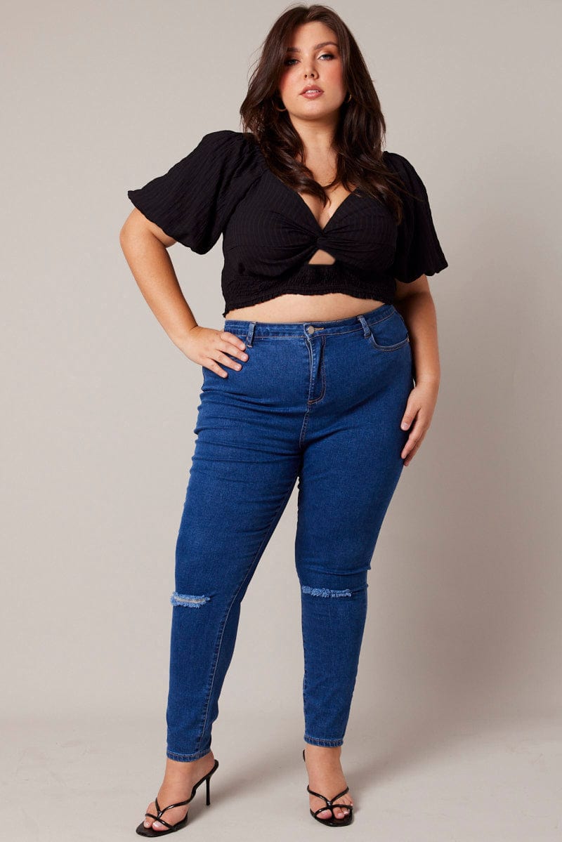 Black Crop Top Short Sleeve Cut Out Textured