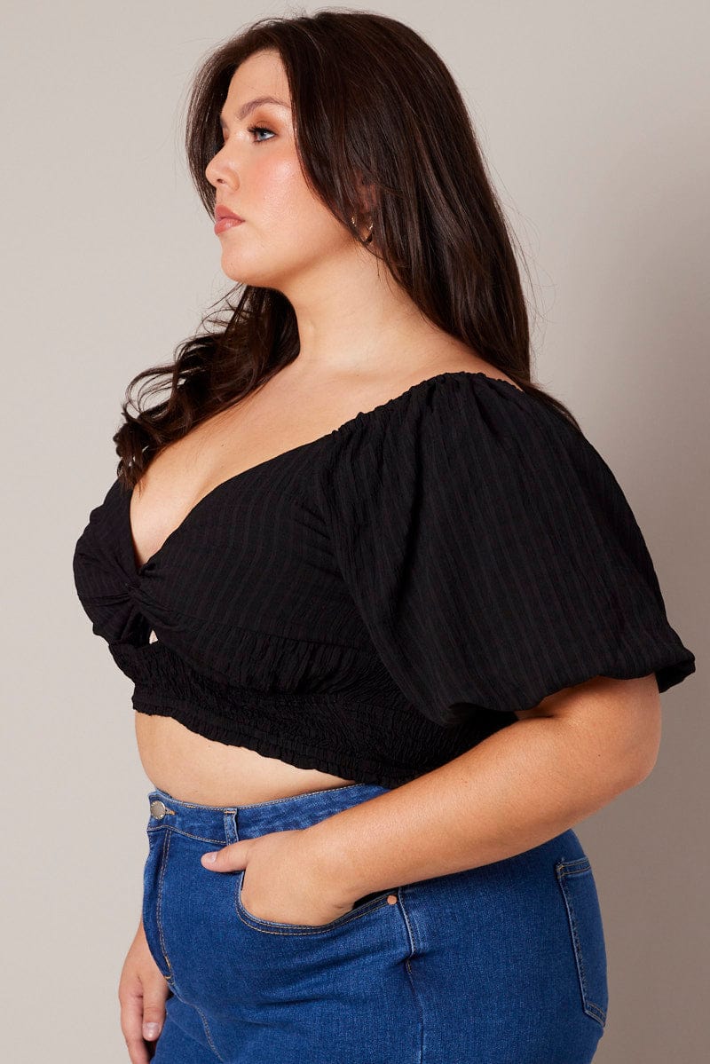 Black Crop Top Short Sleeve Cut Out Textured