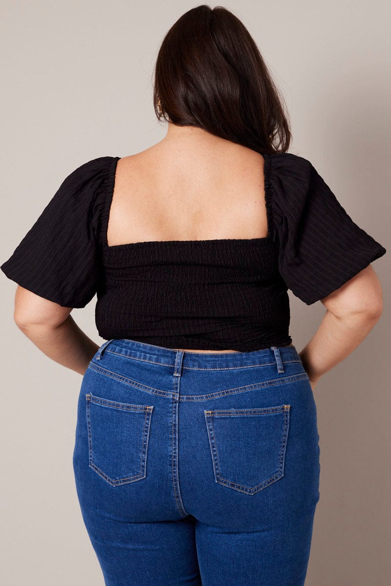 Black Crop Top Short Sleeve Cut Out Textured