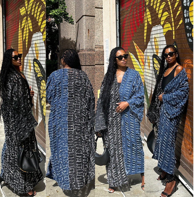 Duo Denim Distressed Cut Out  Open Front Long Cardigan -Black Denim Blue Denim Combo Ships 6/20