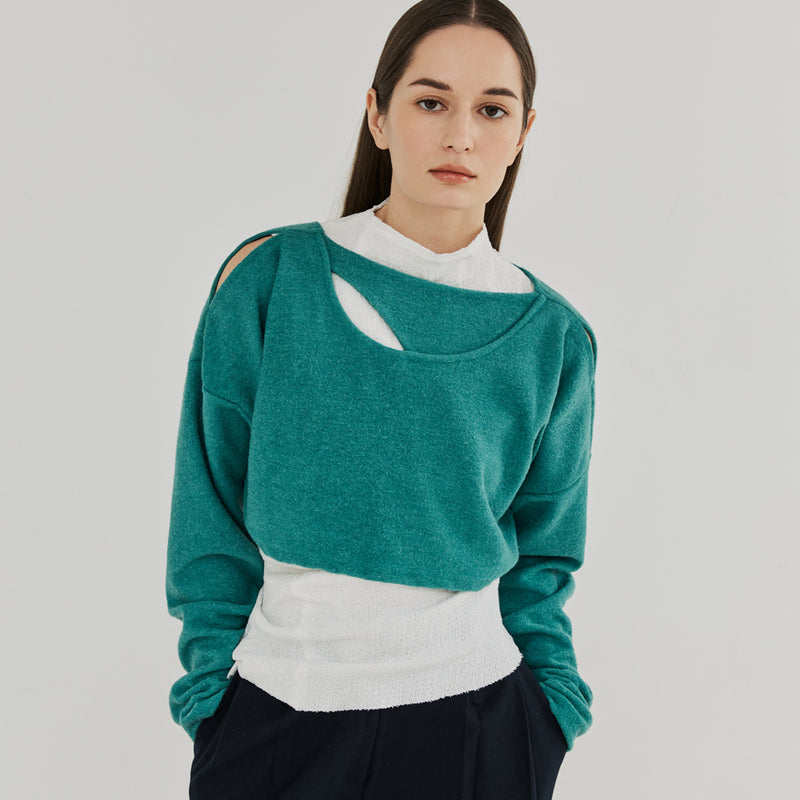 カットアウト２WAYウールクロップトップ / CUT OUT 2-WAY WOOL CROP TOP (BLUEGREEN)