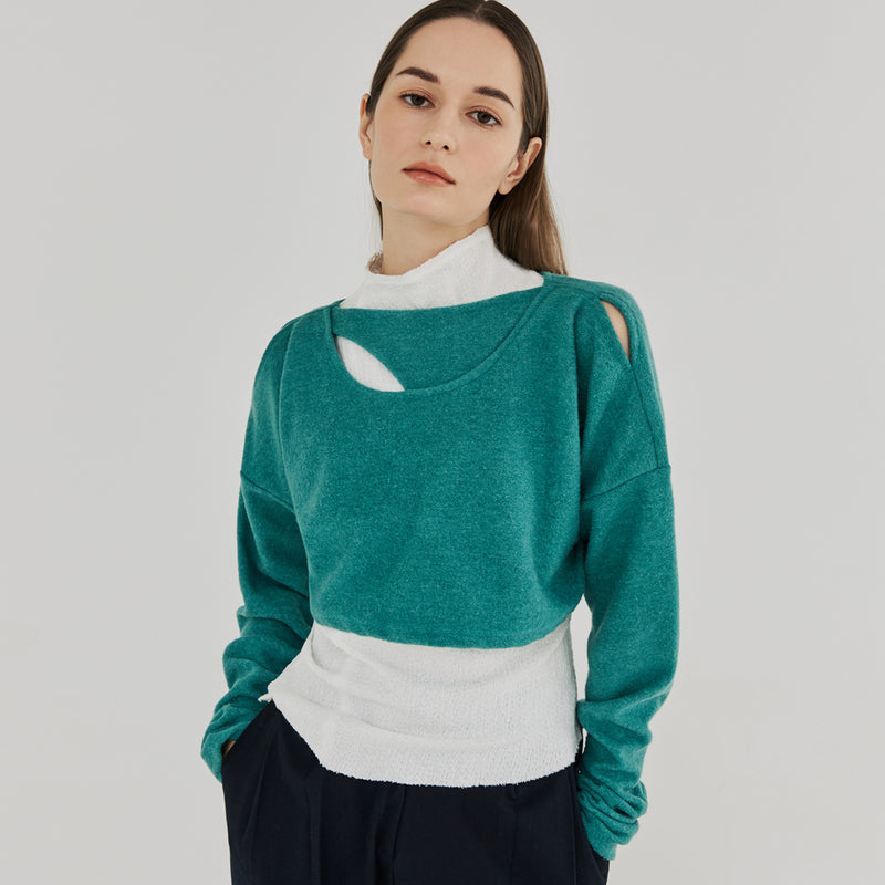 カットアウト２WAYウールクロップトップ / CUT OUT 2-WAY WOOL CROP TOP (BLUEGREEN)
