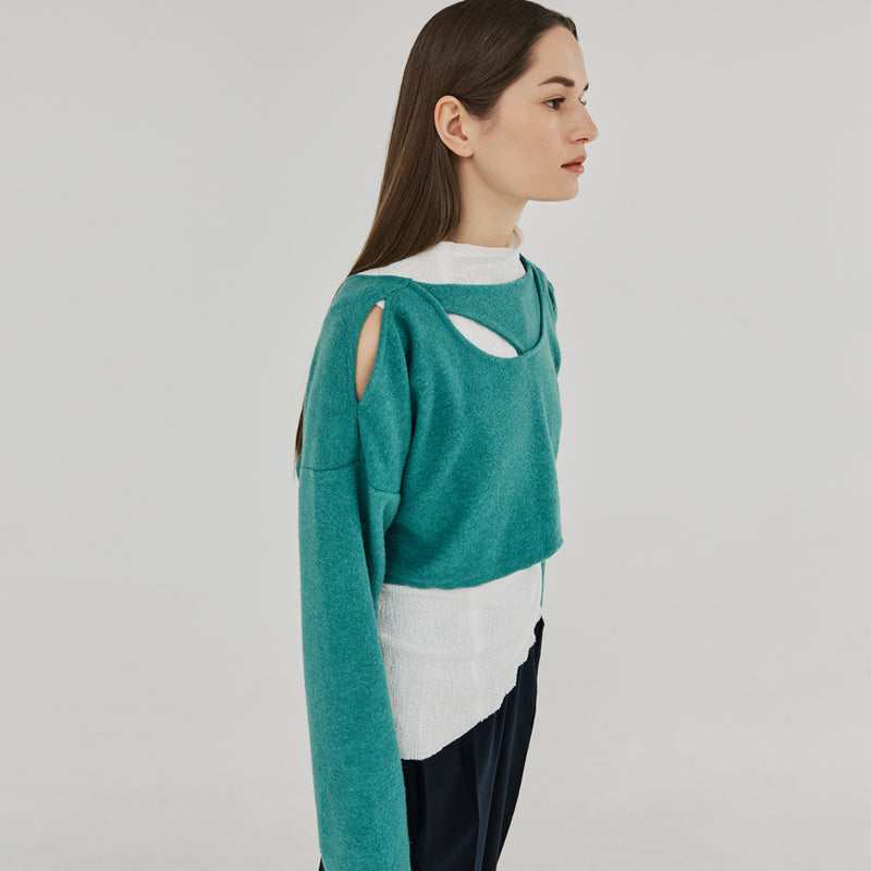 カットアウト２WAYウールクロップトップ / CUT OUT 2-WAY WOOL CROP TOP (BLUEGREEN)