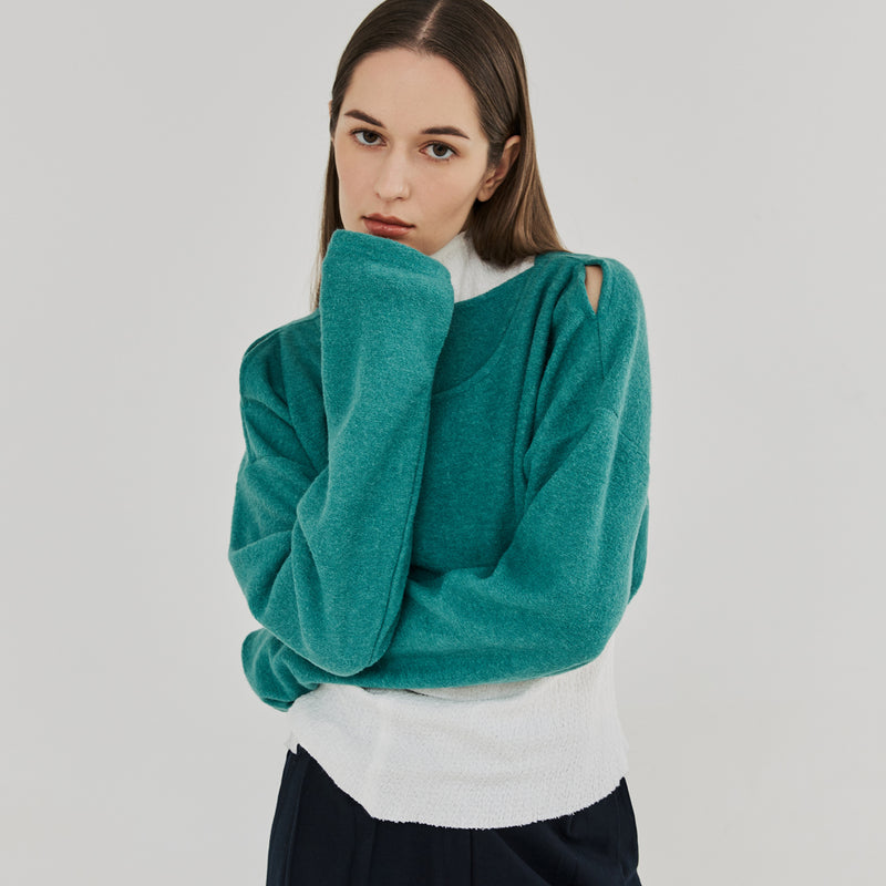 カットアウト２WAYウールクロップトップ / CUT OUT 2-WAY WOOL CROP TOP (BLUEGREEN)