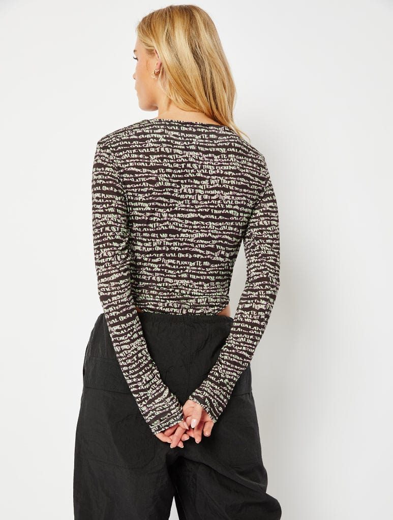 Matrix Text Print Bodysuit with Cut Outs