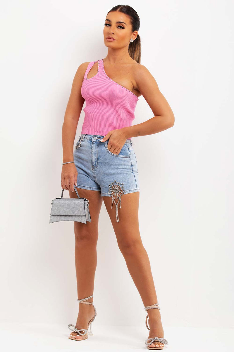 Pink One Shoulder Top With Cut Out Diamante Detail