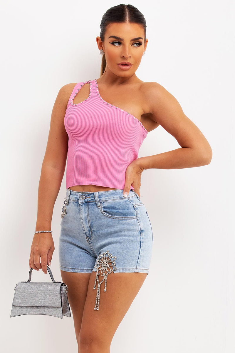 Pink One Shoulder Top With Cut Out Diamante Detail