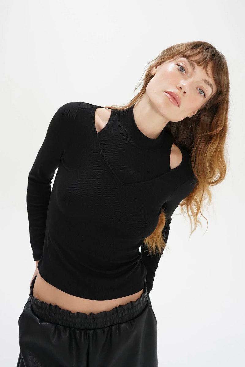 LNA Vivian Ribbed Cut Out Top in Black