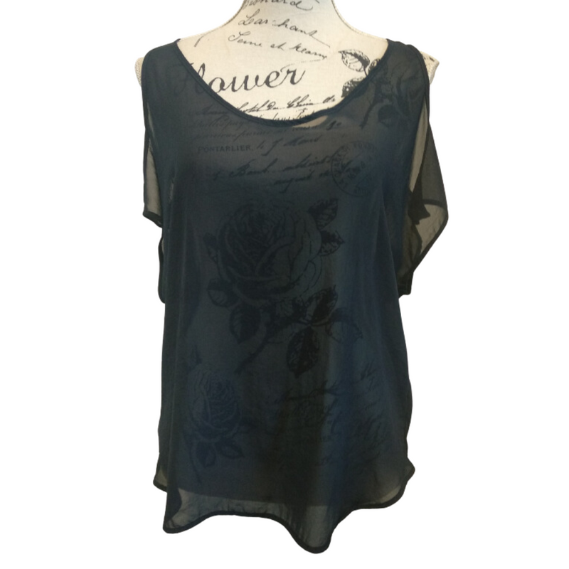 Ivy Blue navy chiffon cut out shoulder top, size 6, fits 8/10/12