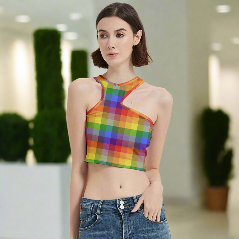 Colorful Plaid Cut Out Crop Top for Women