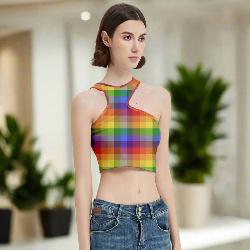 Colorful Plaid Cut Out Crop Top for Women
