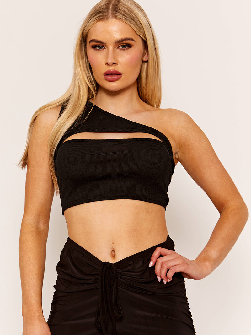 One Shoulder Cut Out Front Ribbed Crop Top