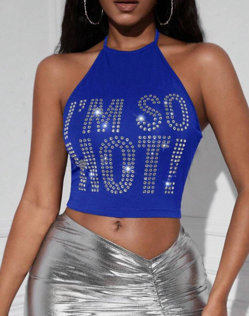 Rhinestone Slogan Pattern Backless Crop Halter Top