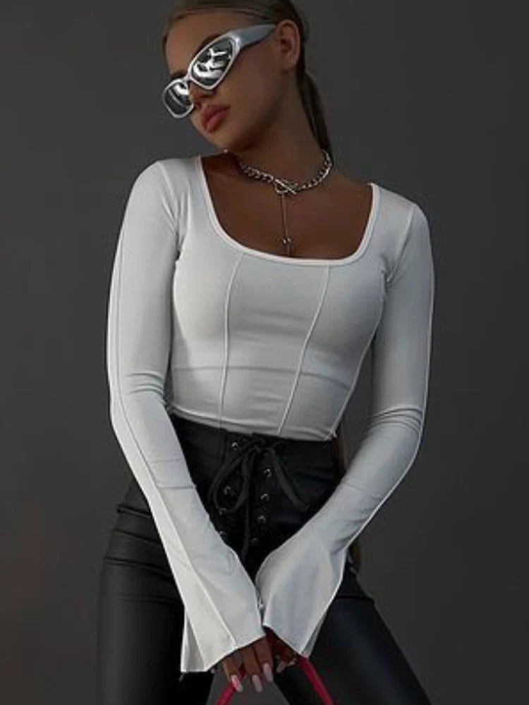 Trendora White Sexy Long Sleeve Backless Knit T-shirt - Harajuku Aesthetic Top