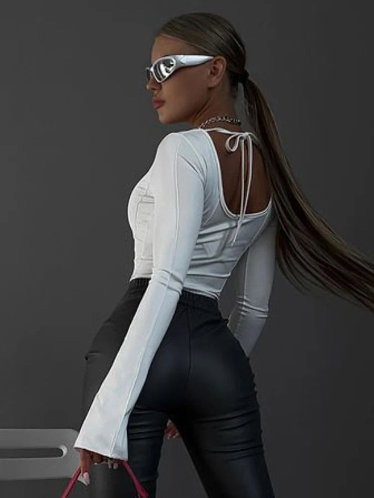 Trendora White Sexy Long Sleeve Backless Knit T-shirt - Harajuku Aesthetic Top