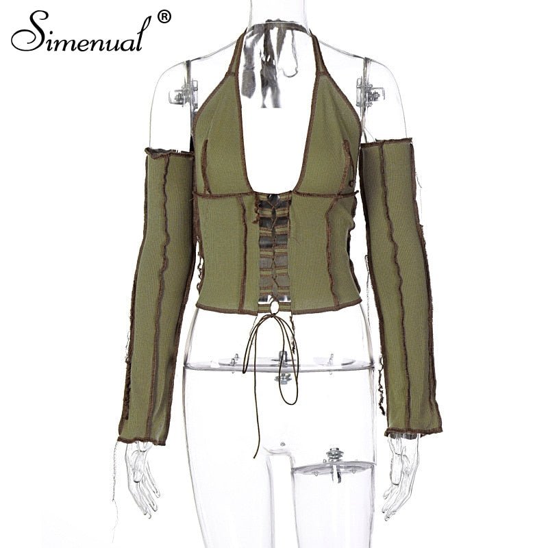 Simenual Backless Halter Ribbed Tie Front Top Women Long Sleeve Fairy Grunge Lace Up T Shirts Patchwork Green Bodycon Crop Tops