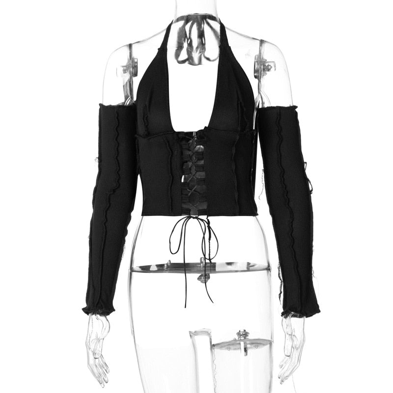 Simenual Backless Halter Ribbed Tie Front Top Women Long Sleeve Fairy Grunge Lace Up T Shirts Patchwork Green Bodycon Crop Tops