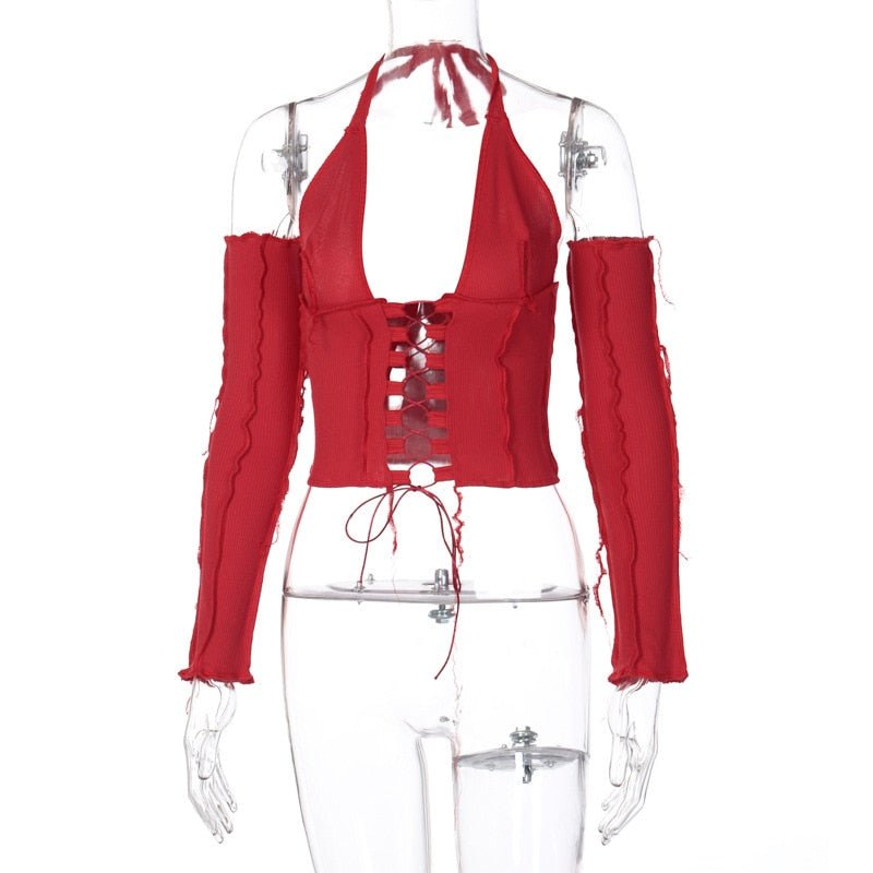Simenual Backless Halter Ribbed Tie Front Top Women Long Sleeve Fairy Grunge Lace Up T Shirts Patchwork Green Bodycon Crop Tops